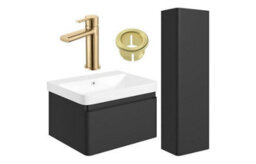Aquarius Sophie 605mm Vanity Unit Matt Black Tall Boy Set With Brushed Brass Brassware - thumbnail 1