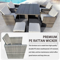 9 Pieces Garden Patio Furniture Set, Outdoor Rattan Dining Table Set Weatherproof Rattan Furniture With Waterproof Cover - Grey - thumbnail 3