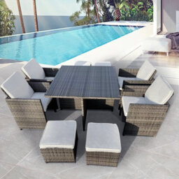 9 Pieces Garden Patio Furniture Set, Outdoor Rattan Dining Table Set Weatherproof Rattan Furniture With Waterproof Cover - Grey - thumbnail 1