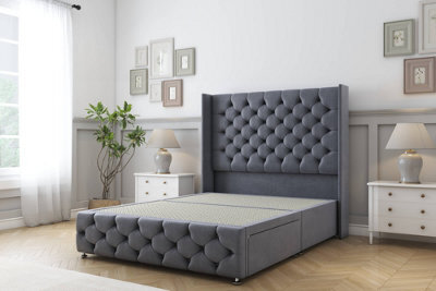 "Sloomy Luthor Steel Plush Divan Bed Base No Drawers-54"" Wingback Headboard & 12"" Footboard 6' Super King" - image 1