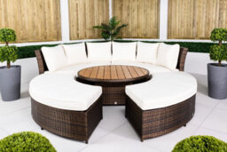 Giardino 2-In-1 Round Rattan Garden Sofa Daybed Set With Adjustable Table, Water-Resistant, Assembled - Brown - thumbnail 4