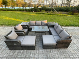 Fimous Outdoor Sofa Set Wicker Pe Rattan Garden Furniture Set With Dining Table 2 Side Tables Dark Grey Mixed - thumbnail 2