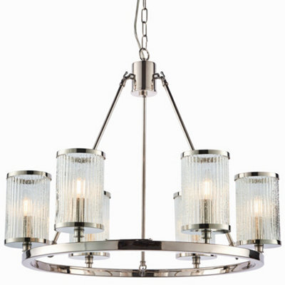 6 Light Chandelier Pendant Nickel Ribbed Glass Shade Hanging Ceiling Lamp Holder - image 1