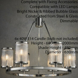 6 Light Chandelier Pendant Nickel Ribbed Glass Shade Hanging Ceiling Lamp Holder - thumbnail 2