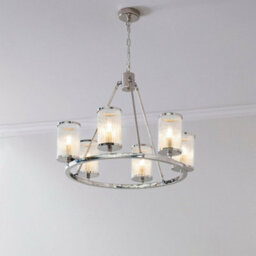 6 Light Chandelier Pendant Nickel Ribbed Glass Shade Hanging Ceiling Lamp Holder - thumbnail 5