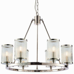 6 Light Chandelier Pendant Nickel Ribbed Glass Shade Hanging Ceiling Lamp Holder - thumbnail 1