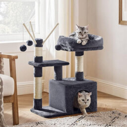 Songmics Compact Cat House, Cozy Condo With Interactive Pompom Features, Smoky Grey - thumbnail 1