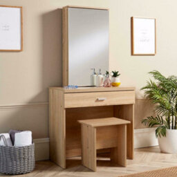 Home Source Berlin 1 Drawer Dressing Table Set With Sliding Vanity Mirror And Stool Sonoma Oak Effect