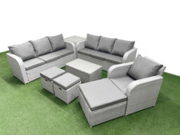 Fimous 10 Seater Poly Rattan Outdoor Garden Furniture Sofa Set 3 Seater Sofa 3 Stools Side Table Light Grey - thumbnail 2