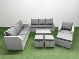 Fimous 10 Seater Poly Rattan Outdoor Garden Furniture Sofa Set 3 Seater Sofa 3 Stools Side Table Light Grey - thumbnail 1