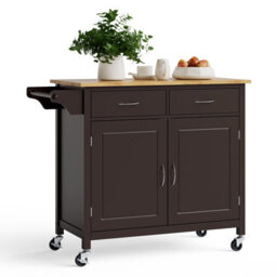 Costway Kitchen Island Rolling Storage Trolley Cart Cupboard 2 Doors Mobile Cabinet W/ 2 Drawers