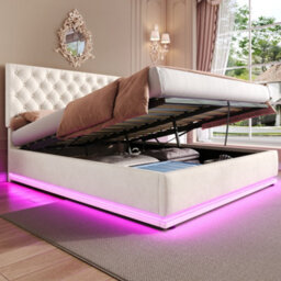 Btm Velvet Double Ottoman Bed With Led, Hydraulic Storage, Adjustable Tufted Headboard, 4Ft6 Frame, Beige - thumbnail 4