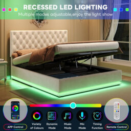 Btm Velvet Double Ottoman Bed With Led, Hydraulic Storage, Adjustable Tufted Headboard, 4Ft6 Frame, Beige - thumbnail 7