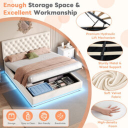 Btm Velvet Double Ottoman Bed With Led, Hydraulic Storage, Adjustable Tufted Headboard, 4Ft6 Frame, Beige - thumbnail 6