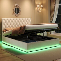 Btm Velvet Double Ottoman Bed With Led, Hydraulic Storage, Adjustable Tufted Headboard, 4Ft6 Frame, Beige - thumbnail 3