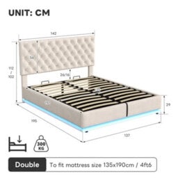 Btm Velvet Double Ottoman Bed With Led, Hydraulic Storage, Adjustable Tufted Headboard, 4Ft6 Frame, Beige - thumbnail 9