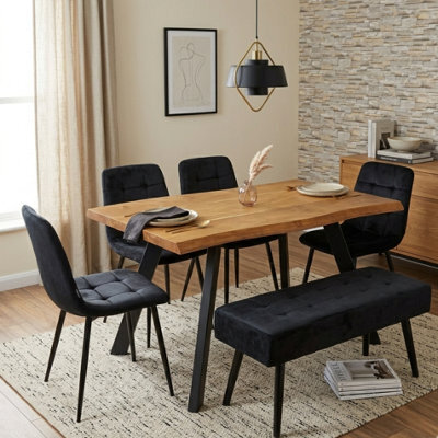 Doubs Dining Table For 6, 120Cm Natural Wood Dining Table Set With 4 Grey Black Chairs And 1 Bench - image 1