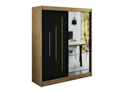 Arte Leto Y2 Contemporary Mirrored 2 Sliding Door Wardrobe 9 Shelves 2 Rails Black Matt And Oak Effect (H)2000mm (W)1800mm (D)620mm - image 1