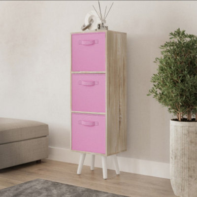 Urbn-Living Urbnliving 80Cm Height 3 Tier Antique Oak Wooden Storage Bookcase Scandinavian Style White Legs With Light Pink Inserts - image 1