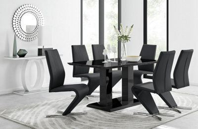 Furniturebox Imperia Black High Gloss 6 Seater Dining Table With Structural 2 Plinth Column Legs And 6 Black Faux Leather Willow Chairs - image 1