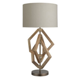 Industville Wooden Geometric Polygon Table Lamp, Natural Base, Drum Cotton Shade