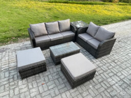 Fimous Wicker Pe Rattan Garden Furniture Set 7 Seater Outdoor Lounge Sofa Set With Love Sofa Coffee Table 2 Big Footstool - thumbnail 1