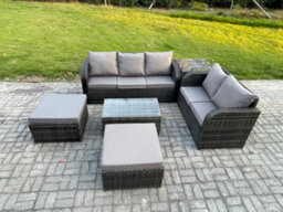 Fimous Wicker Pe Rattan Garden Furniture Set 7 Seater Outdoor Lounge Sofa Set With Love Sofa Coffee Table 2 Big Footstool - thumbnail 2