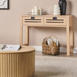 Wyld And Coco Noblewood Console Table 100 X 32 Cm Light Brown Manufactured Wood Two Drawers Black Handles Boho Modern - thumbnail 2