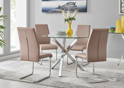 Furniturebox Uk Selina Chrome Round Square Leg Glass Dining Table And 4 Cappuccino Beige Lorenzo Chairs Set - image 1