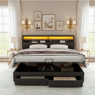 Abrihome Grey Linen Super King Bed With Led Lights, Hydraulic Storage, Drawers & Fold-Away Foam Headboard - image 1