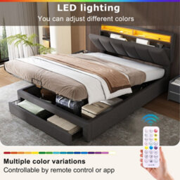 Abrihome Grey Linen Super King Bed With Led Lights, Hydraulic Storage, Drawers & Fold-Away Foam Headboard - thumbnail 3