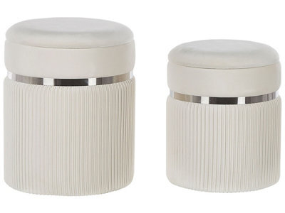 Beliani Off-White Velvet Pouffe Set Of 2 With Glossy Metal Bands And Hidden Storage - image 1