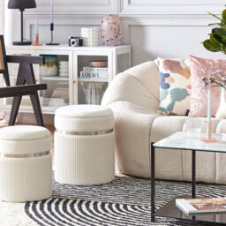 Beliani Off-White Velvet Pouffe Set Of 2 With Glossy Metal Bands And Hidden Storage - thumbnail 2