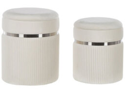 Beliani Off-White Velvet Pouffe Set Of 2 With Glossy Metal Bands And Hidden Storage - thumbnail 1