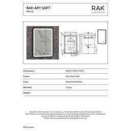 RAK Ceramics Rak Art Soft Matt Black Led Bathroom Mirror, 500X700mm - Touch Sensor & Demister Pad, Ip44 Rated - thumbnail 2