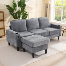 Btm L Shaped Couch Sofa, Corner Sofa 3 Seater Sofa, Sectional Sofa Couches With Usb, Cup Holder, For Apartment Living Room (Grey) - thumbnail 2