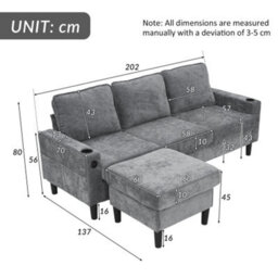 Btm L Shaped Couch Sofa, Corner Sofa 3 Seater Sofa, Sectional Sofa Couches With Usb, Cup Holder, For Apartment Living Room (Grey) - thumbnail 6