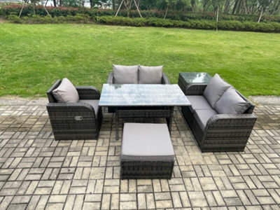 Fimous Lounge Rattan Sofa Set Outdoor Garden Furniture Oblong Rectangular Dining Table With Chairs Big Footstool Side Table - image 1