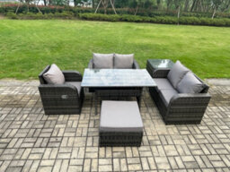 Fimous Lounge Rattan Sofa Set Outdoor Garden Furniture Oblong Rectangular Dining Table With Chairs Big Footstool Side Table - thumbnail 1