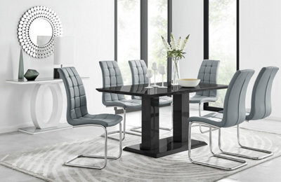 Furniturebox Imperia Black High Gloss 6 Seater Dining Table With Structural 2 Plinth Column Legs 6 Grey Padded Faux Leather Murano Chairs - image 1