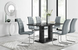 Furniturebox Imperia Black High Gloss 6 Seater Dining Table With Structural 2 Plinth Column Legs 6 Grey Padded Faux Leather Murano Chairs - thumbnail 1