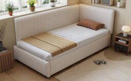 Btm 3Ft Single Corduroy Bed Frame, Upholstered Youth Bed With Twin Headboards, Side Rails  And Wooden Slats, Beige - thumbnail 9
