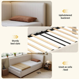 Btm 3Ft Single Corduroy Bed Frame, Upholstered Youth Bed With Twin Headboards, Side Rails  And Wooden Slats, Beige - thumbnail 6