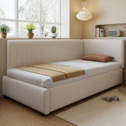 Btm 3Ft Single Corduroy Bed Frame, Upholstered Youth Bed With Twin Headboards, Side Rails  And Wooden Slats, Beige - thumbnail 1