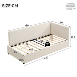 Btm 3Ft Single Corduroy Bed Frame, Upholstered Youth Bed With Twin Headboards, Side Rails  And Wooden Slats, Beige - thumbnail 4