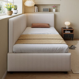 Btm 3Ft Single Corduroy Bed Frame, Upholstered Youth Bed With Twin Headboards, Side Rails  And Wooden Slats, Beige - thumbnail 3