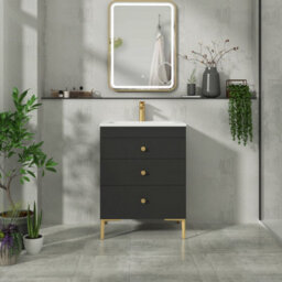 Royal Bathrooms Royal Bathroom Verona 600mm Matt Black 3-Drawer Floor Standing Bathroom Vanity Unit With Stone Basin & Brushed Brass Knob - thumbnail 4