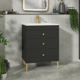 Royal Bathrooms Royal Bathroom Verona 600mm Matt Black 3-Drawer Floor Standing Bathroom Vanity Unit With Stone Basin & Brushed Brass Knob - thumbnail 1