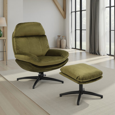 Sage Green Swivel Armchair With Footstool In Velvet Upholstery - image 1
