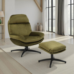 Sage Green Swivel Armchair With Footstool In Velvet Upholstery - thumbnail 1